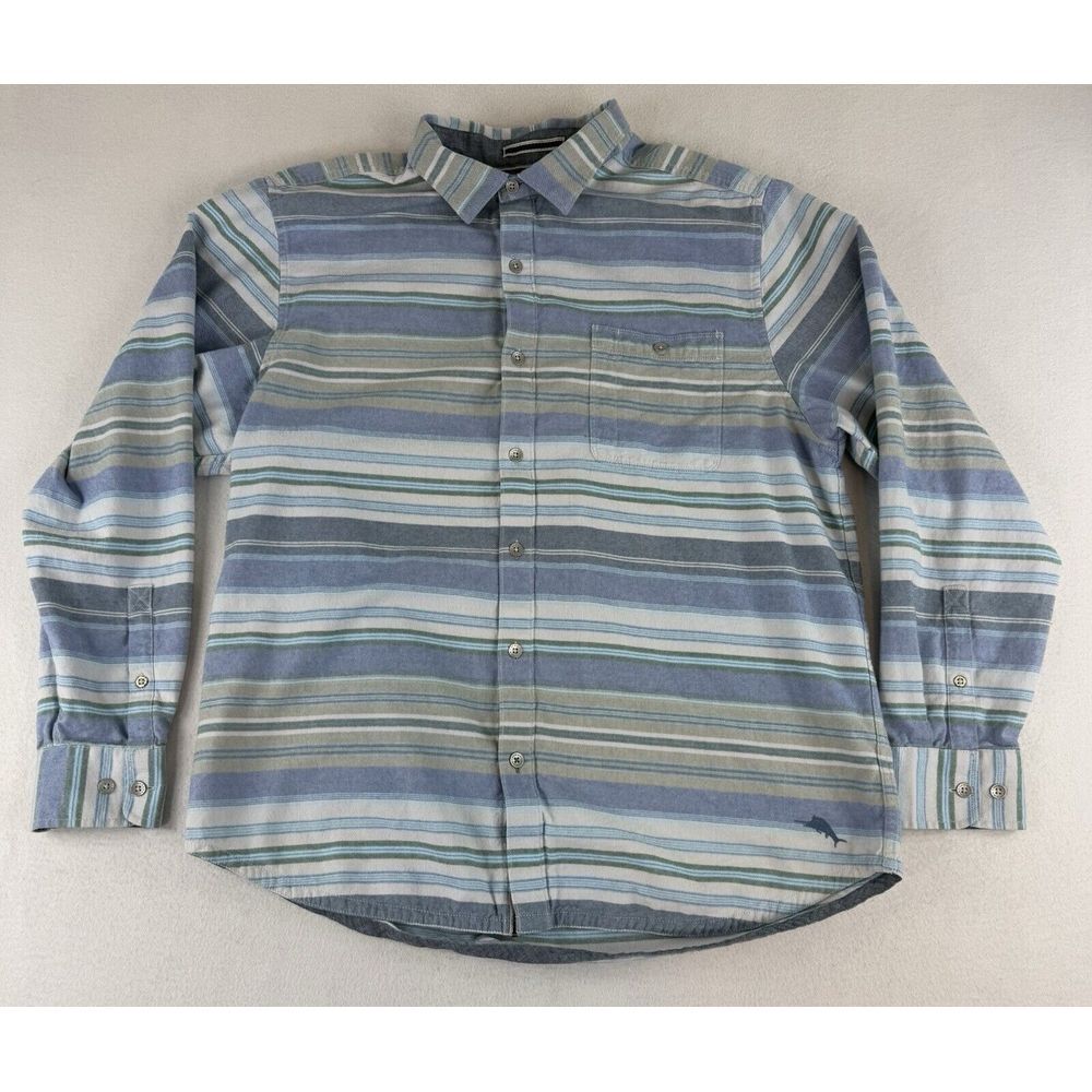 Tommy Bahama Striped Button Up Pocket Long Sleeve Shirt Cotton Tencel Mens Sz XL